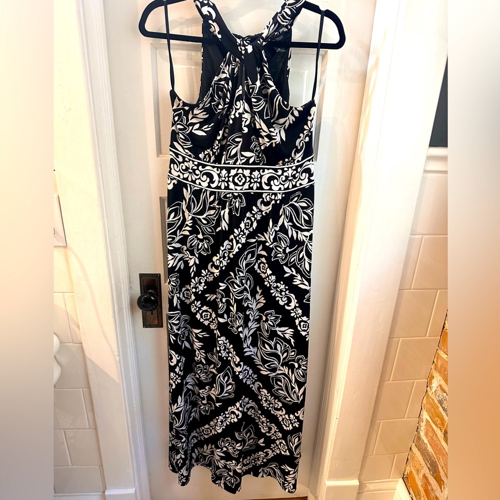 White House Black Market maxi halter black and white floral dress size M